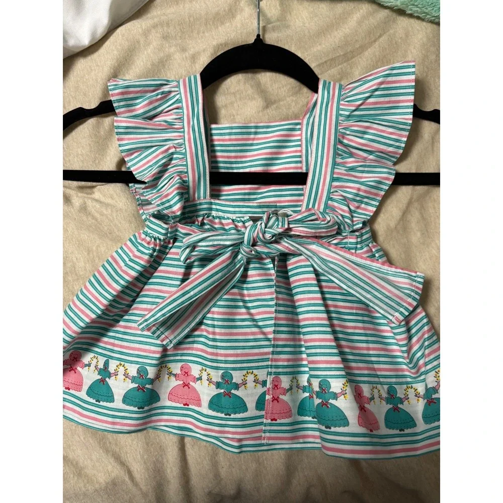 Vintage Baby toddler Floral Print Ruffle Sleeves Apron style strips Dutch ladied